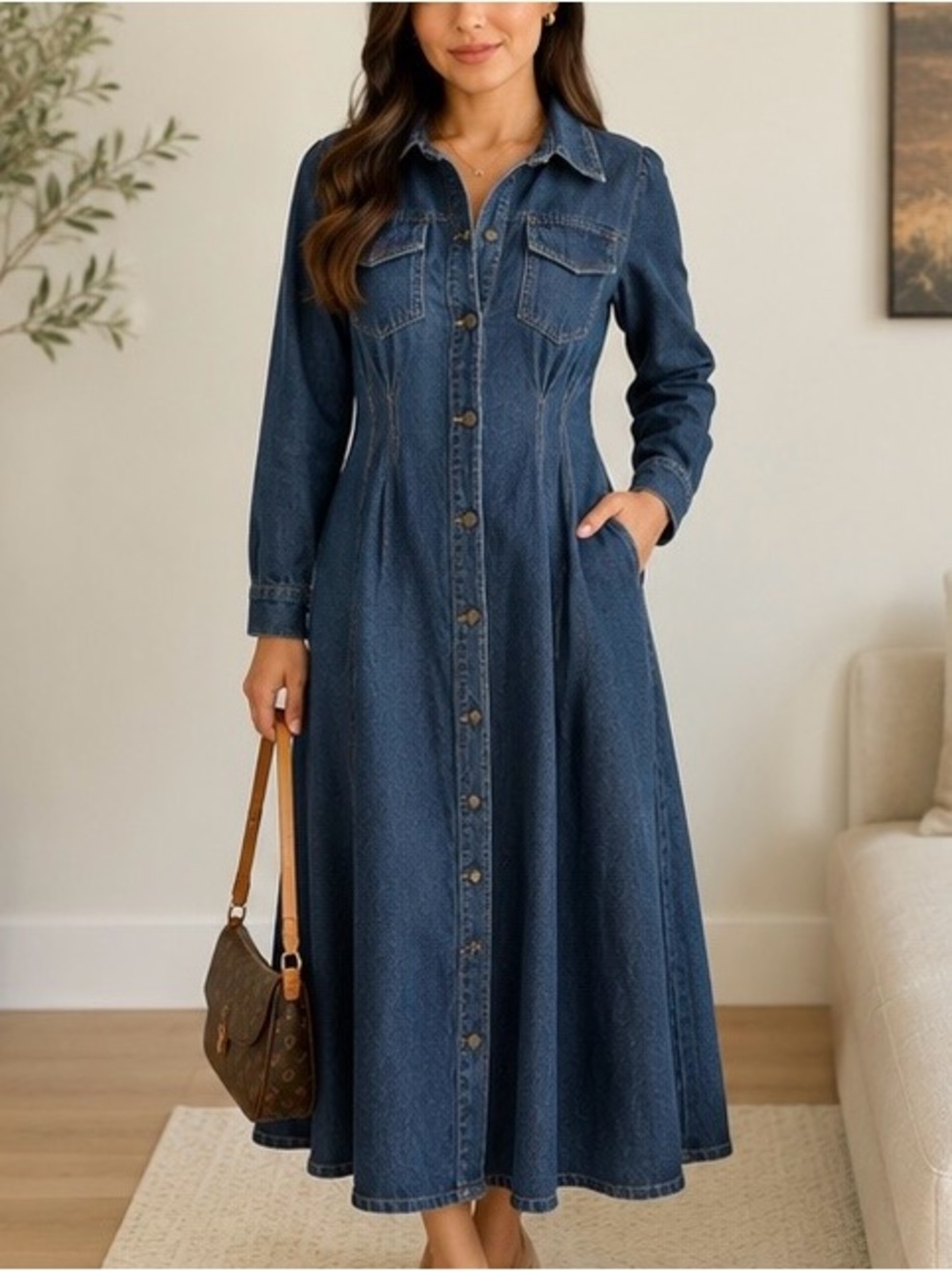 Denim Dark Blue Long Sleeve Maxi Dress